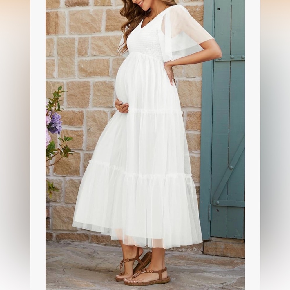 White Maternity Baby Shower Mesh Maxi Dress with Flutter Sleeves (Size S)